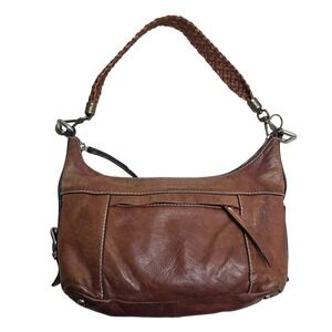 Cognac Brown Leather Hobo Fossil Satchel Braided Strap Contrast Stitching Purse
